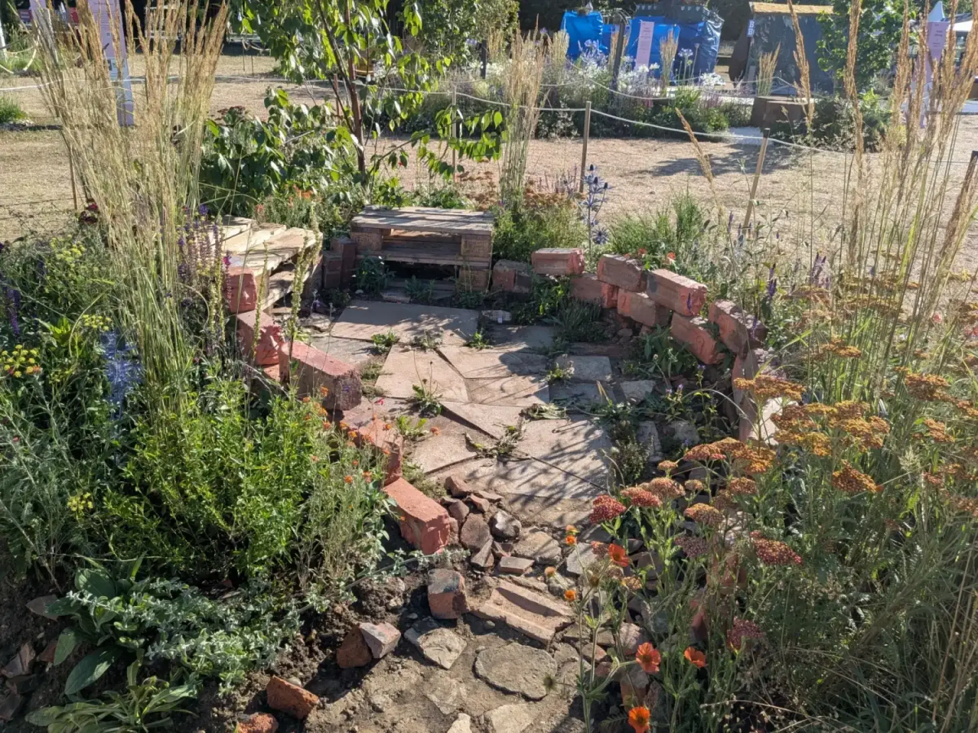 A small, informal urban garden features a curved wall of reclaimed bricks, a wooden pallet bench, and broken paving stones surrounded by tall grasses, green foliage, and flowering plants in orange and purple.