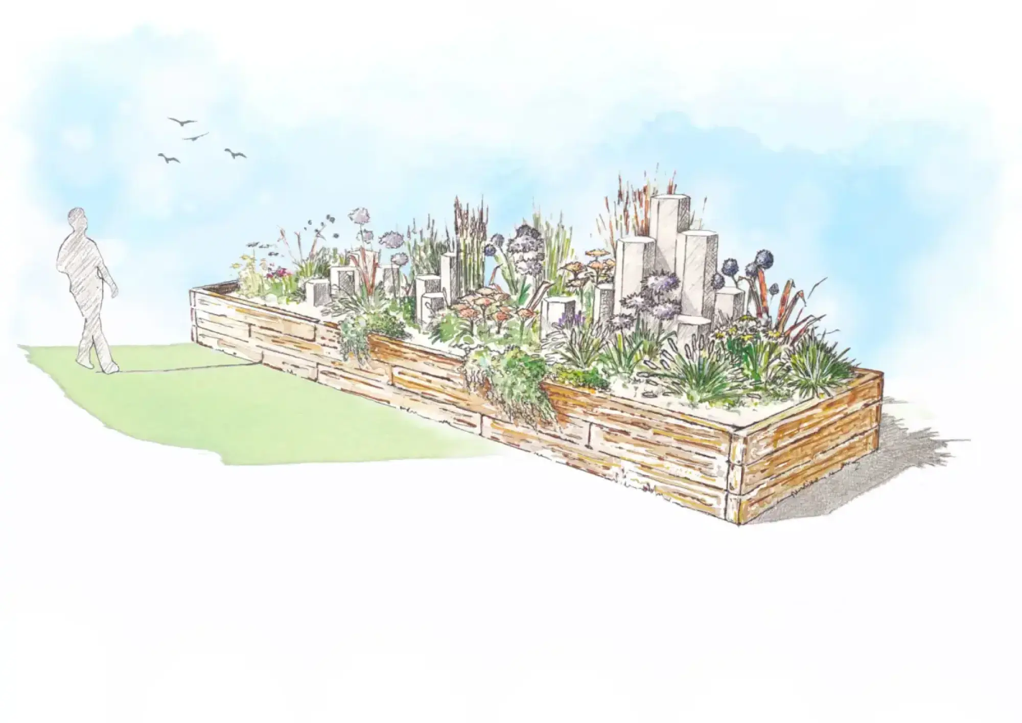 A long raised timber garden border features white geometric pillars interspersed with a variety of green grasses and colourful flowering perennials.