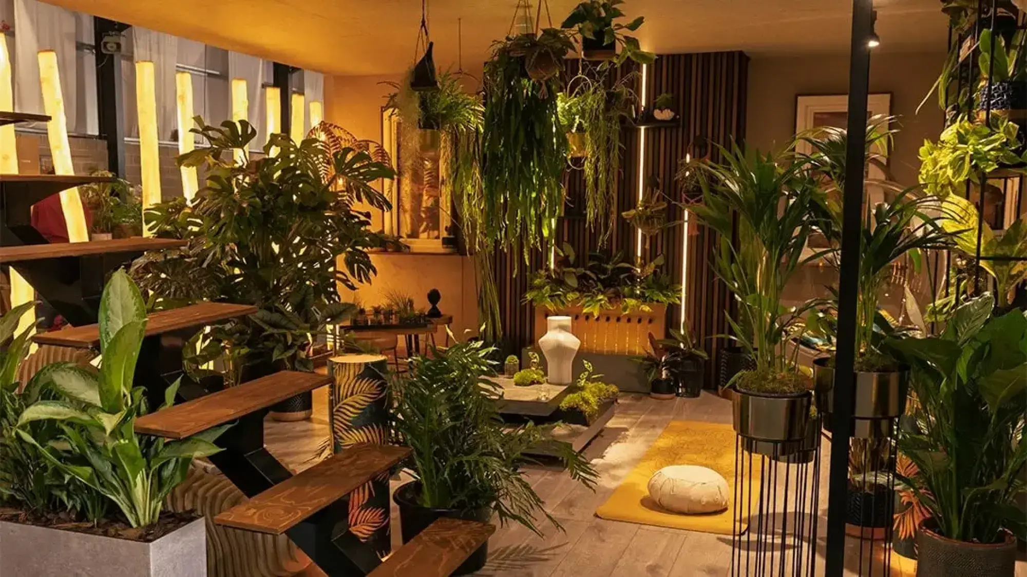 A lush, contemporary indoor garden displays a variety of green plants on floating timber steps, metal stands, and hanging planters, illuminated by vertical panels.
