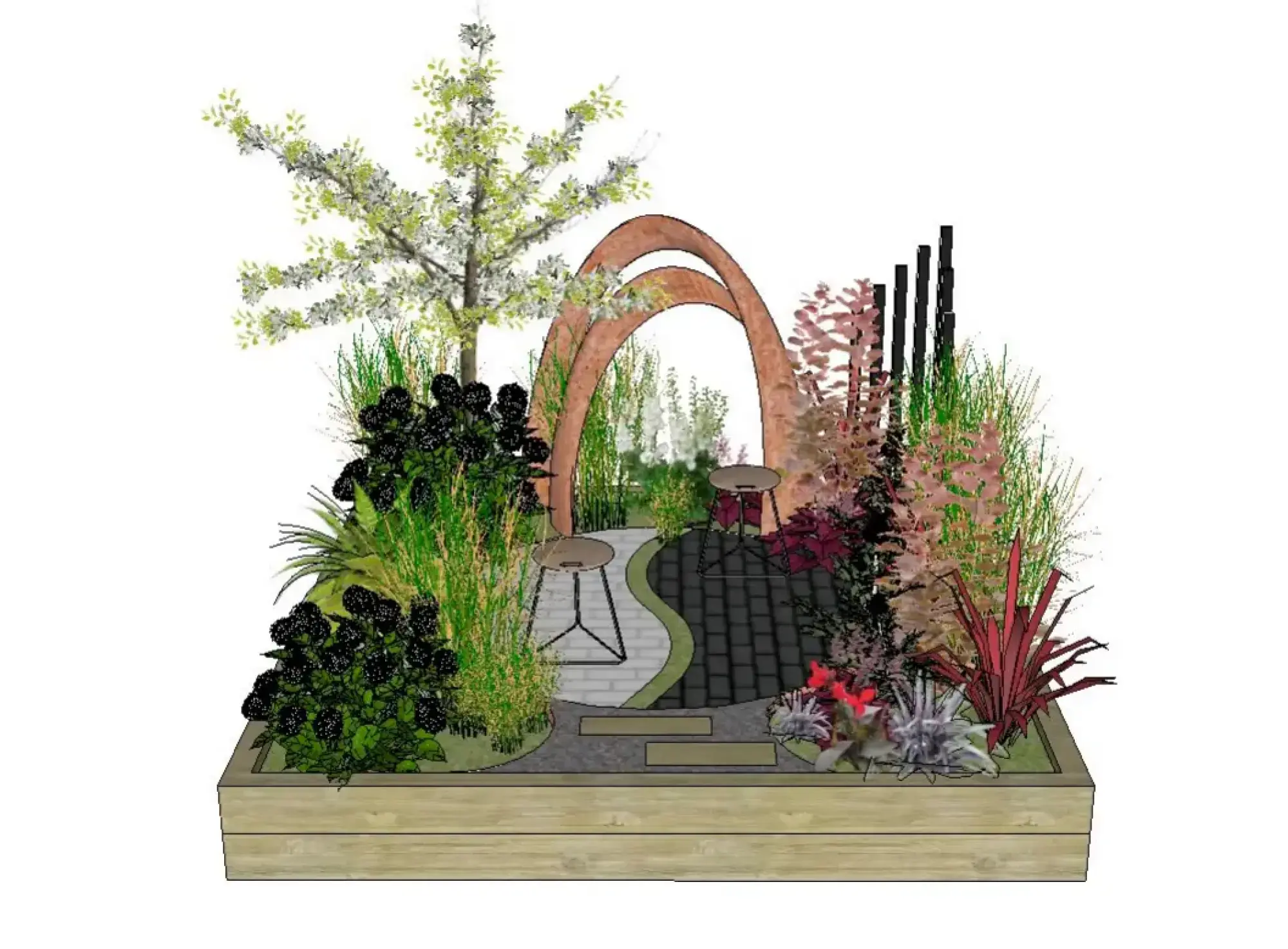 A beautiful border garden features a curved wooden archway, a winding path, and two bistro tables nestled among diverse green, dark purple, and red plantings.