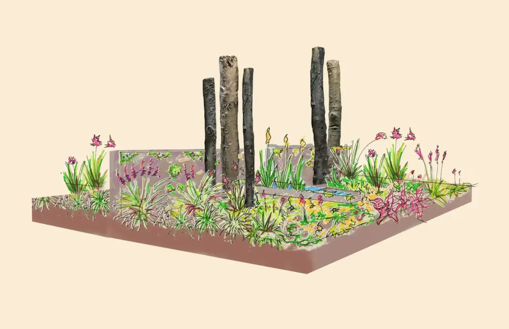 A modern Beautiful Border featuring five dark timber posts, a rectangular water feature, and naturalistic planting with pink, yellow, and green foliage.