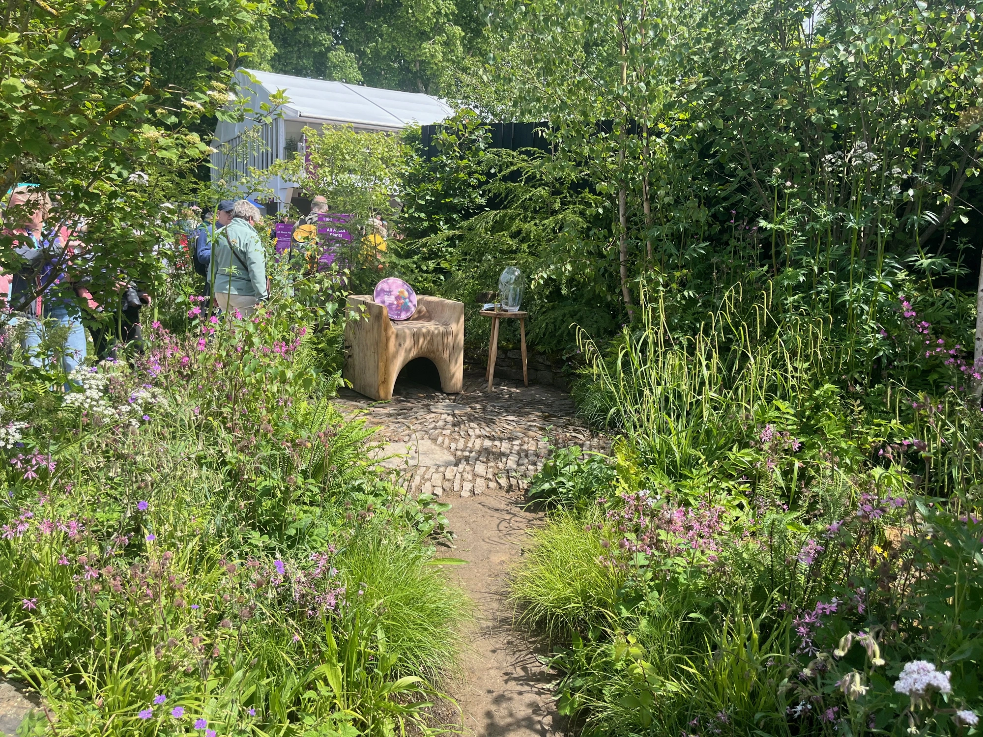 A naturalistic woodland garden features a dirt path leading to a carved wooden bench on a cobbled area, surrounded by lush green trees, ferns, wild grasses, and delicate pink and purple wildflowers.