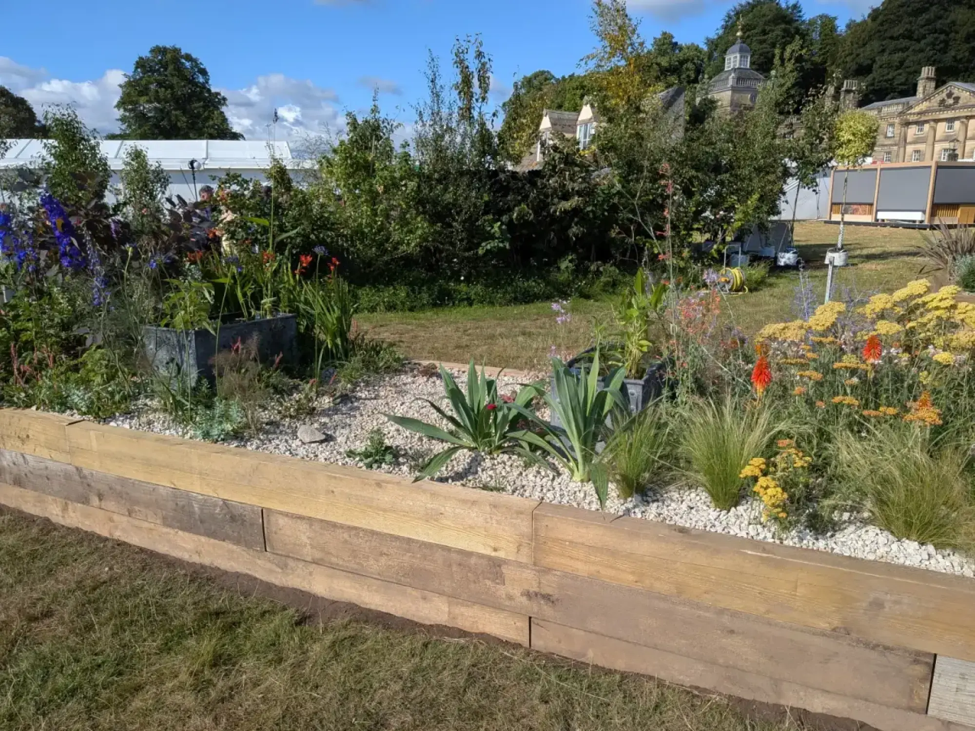 A long raised garden border made of timber sleepers filled with white gravel and vibrant informal planting including blue delphiniums, orange Kniphofia, and yellow Achillea.