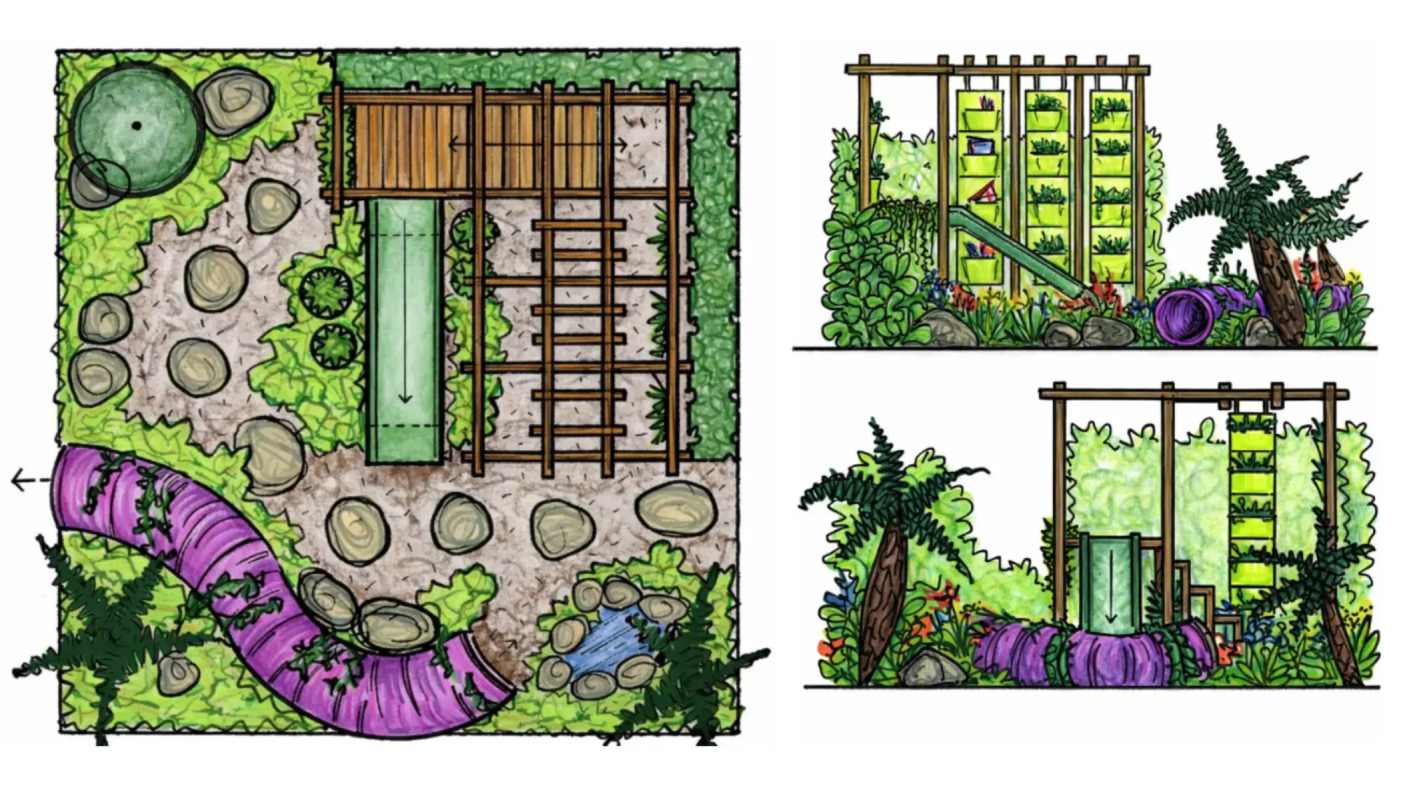 A colourful children's garden with a purple play tunnel, a wooden structure and green slide, a vertical garden, and stepping stones.