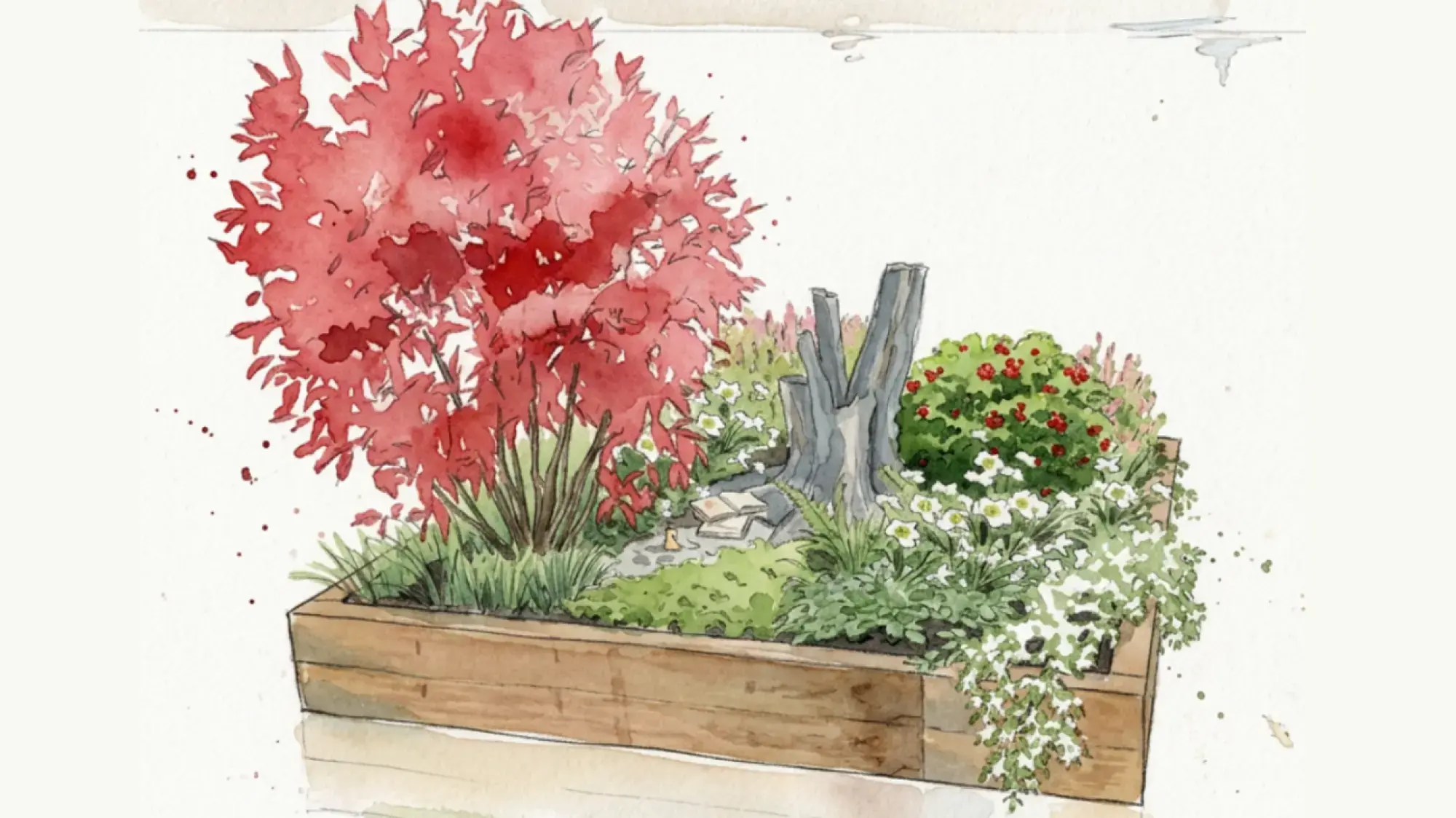 A raised wooden planter showcases a red-leaved tree, a weathered grey tree stump, open books, and a mix of green plants with white and red flowers.