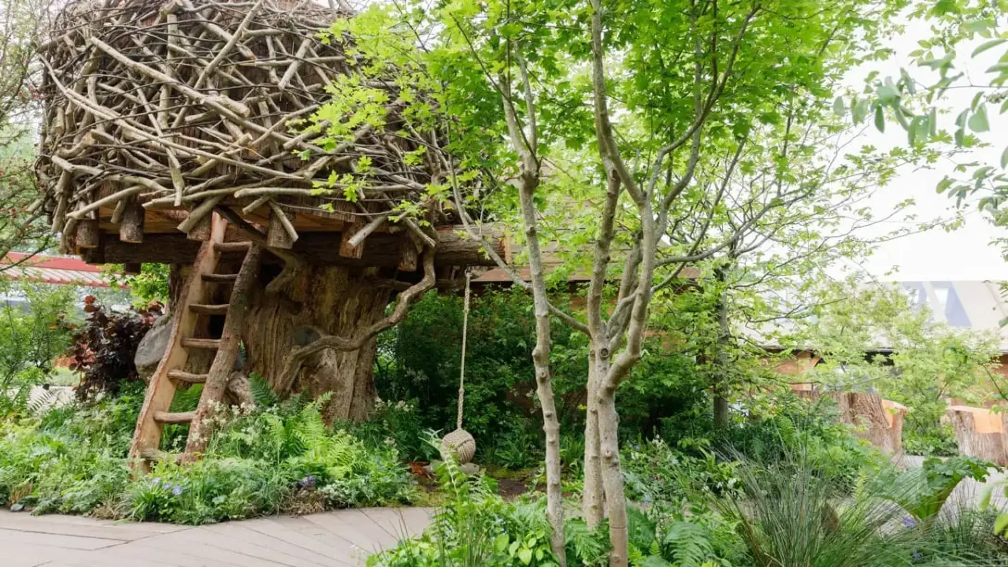 A large, rustic treehouse with a nest-like top and a wooden ladder sits among lush green woodland planting, with a rope swing nearby.