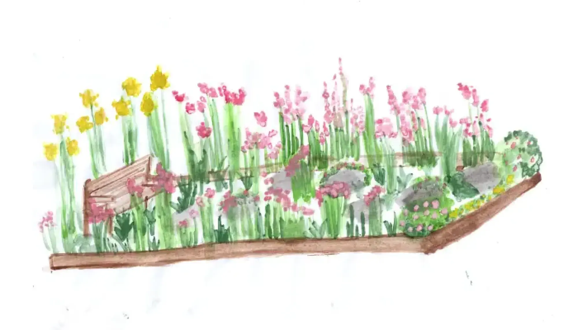 A colourful border garden showcases tall yellow sunflowers, pink spiky flowers, and low pink blooms, with grey rocks and a wooden birdhouse.
