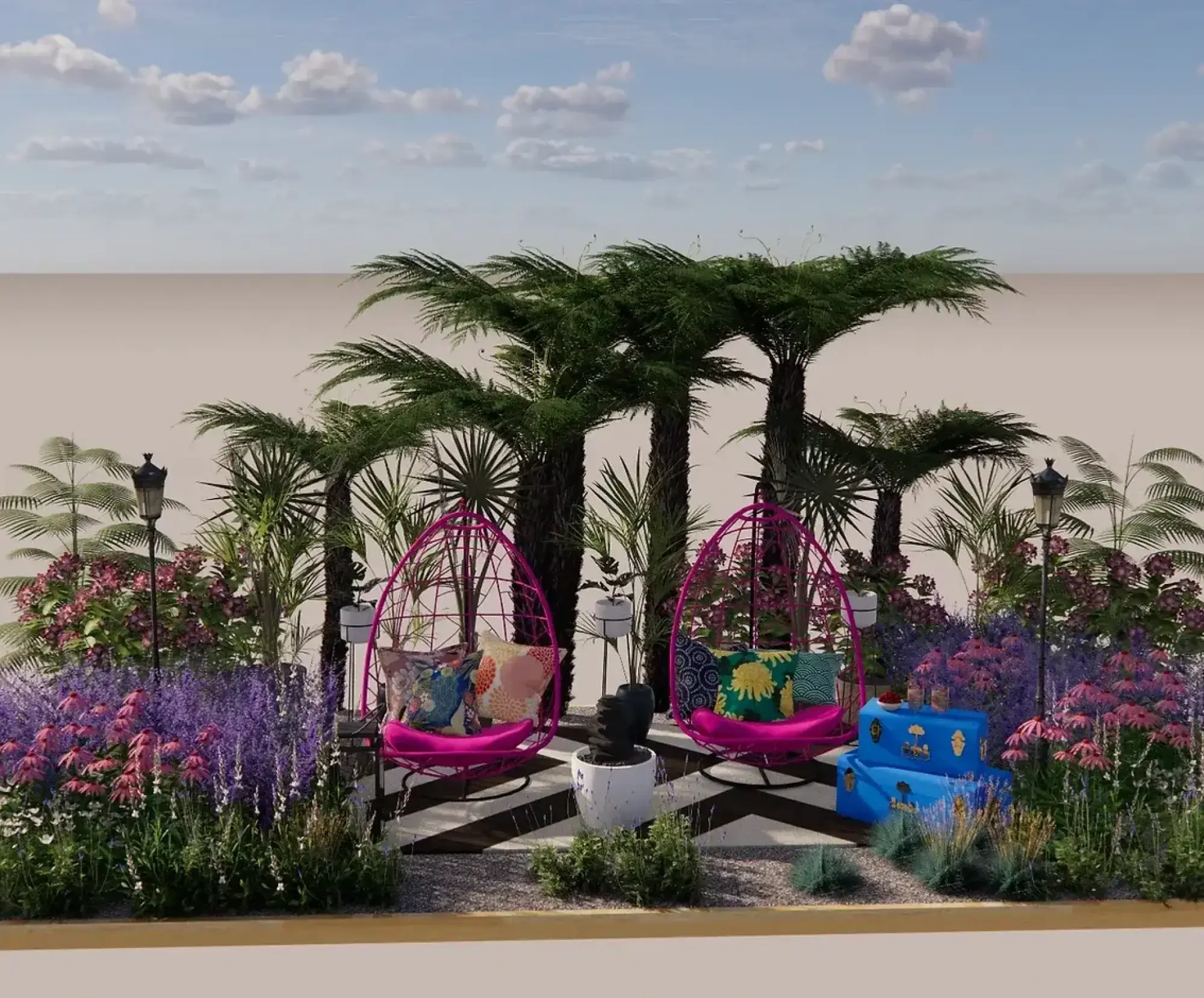 A vibrant showcase garden with two pink hanging egg chairs, a black and white zigzag patio, tall palm trees, and lush purple and pink flowers.