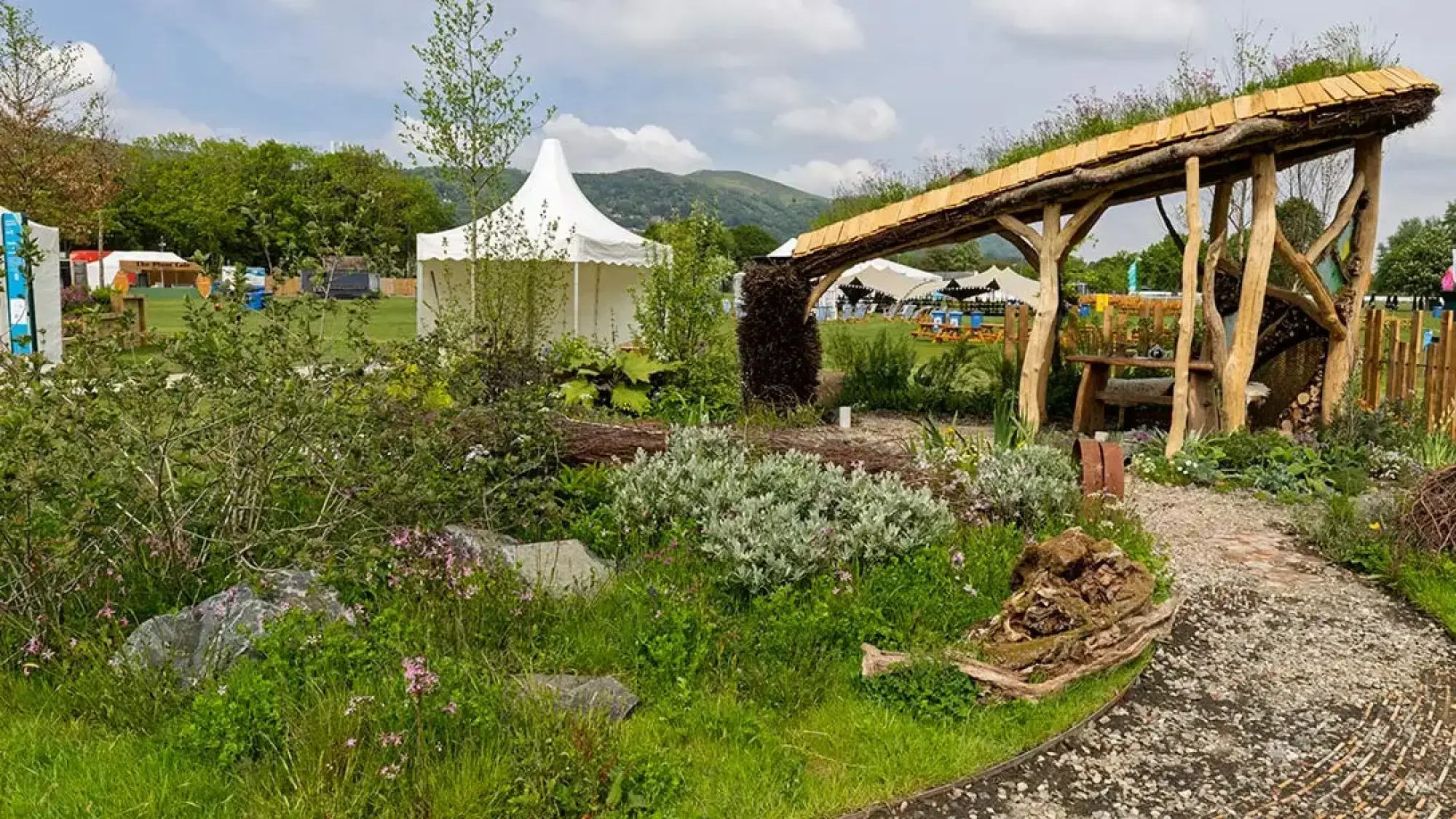 A naturalistic show garden features a rustic log shelter with a living roof, a gravel path, and abundant wild planting with silver-leafed shrubs and pink flowers.