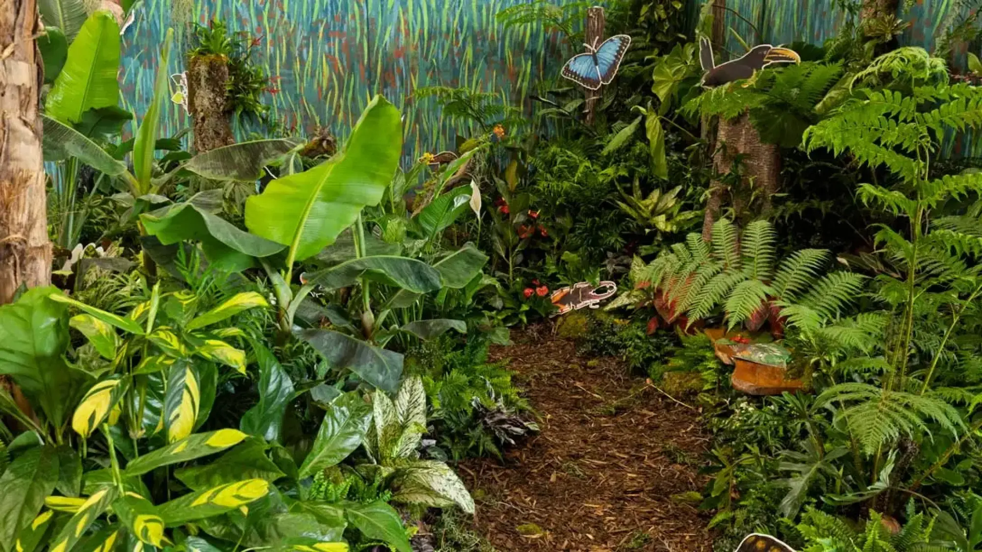 A lush indoor plant garden features a winding wood chip path through dense tropical foliage, surrounded by banana plants, ferns, and decorative cutout rainforest animals.