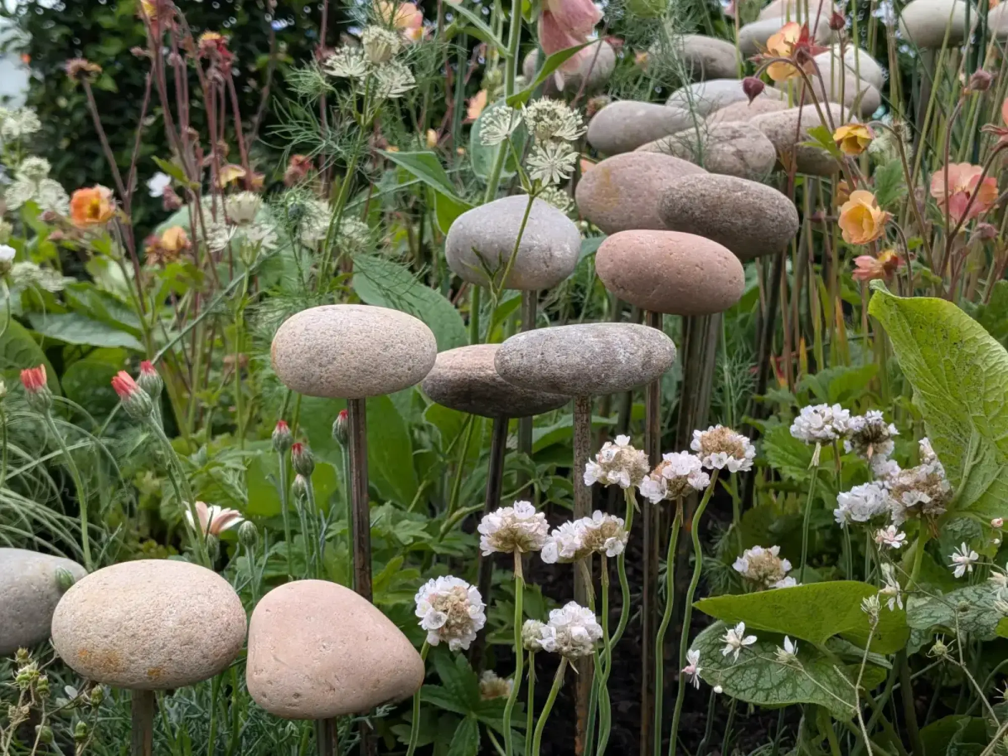 A naturalistic garden with smooth grey river stones on metal rods, interplanted with peach Geum, white Ammi majus, and various green foliage.