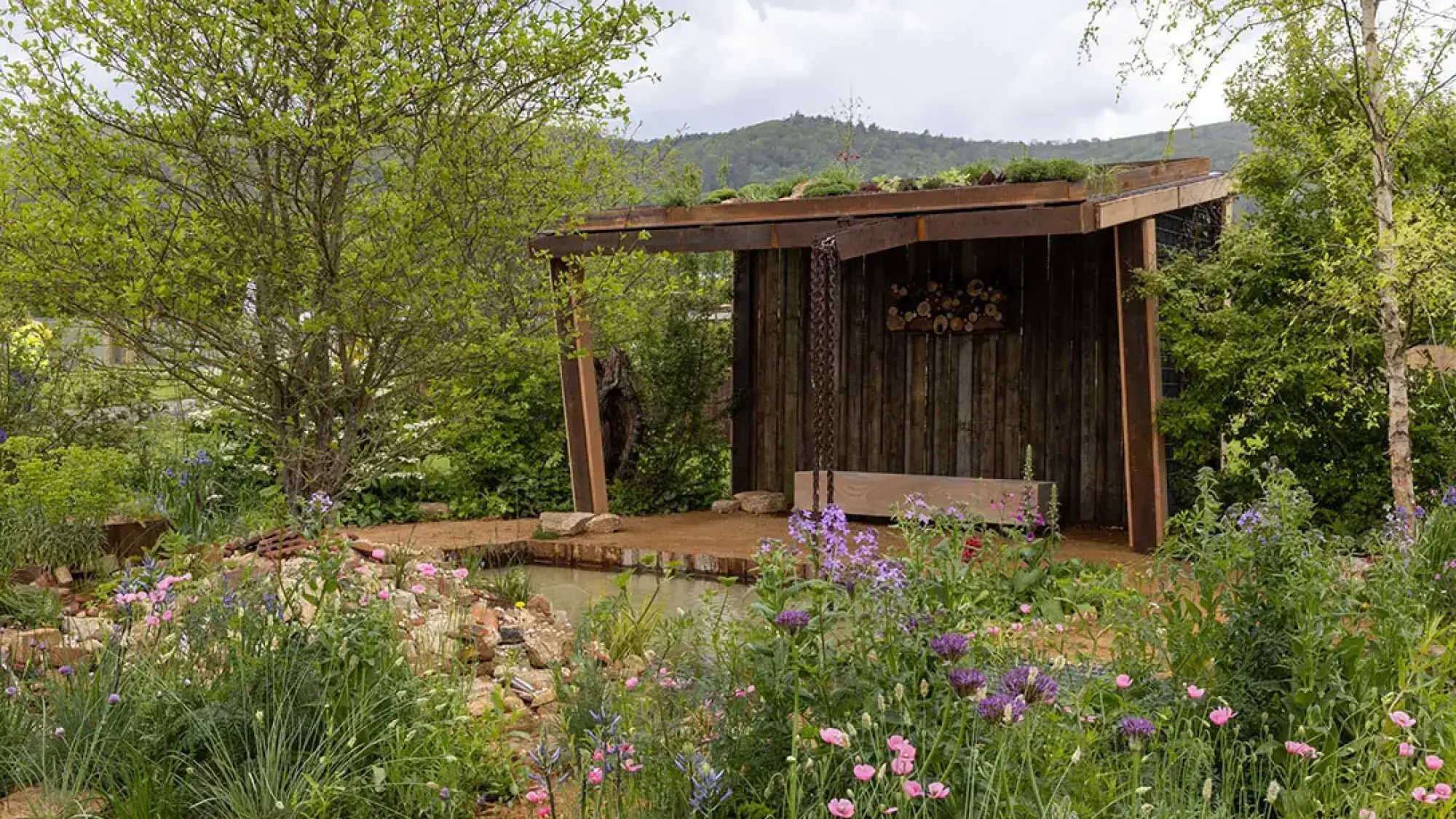 A naturalistic wildlife show garden featuring a green-roofed timber shelter with a rainwater chain, a small pond, and a wildflower meadow of pink and purple flowers.