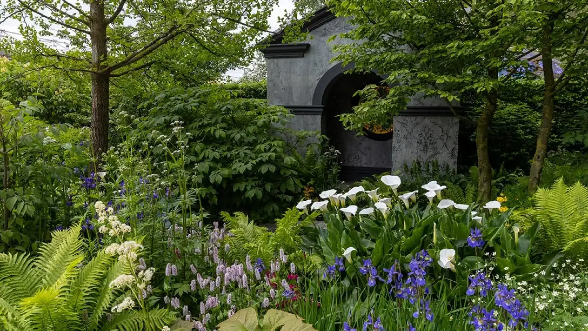 A lush show garden features a dark grey architectural structure with an arch, surrounded by white calla lilies, blue irises, green ferns, and verdant trees.