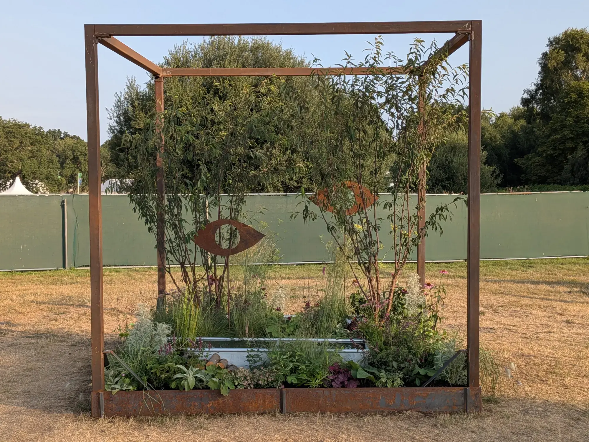A contemporary cube garden features a rusty corten steel frame surrounding a raised planter with a reflective water trough, naturalistic plantings, and sculptural rusty metal eye shapes.