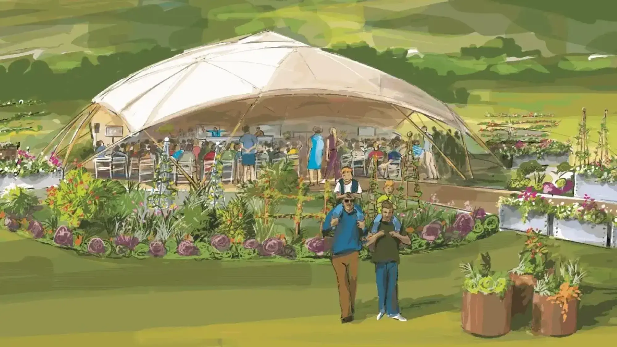 A large white geodesic dome pavilion is surrounded by a productive kitchen garden with raised metal beds, terracotta pots, and trellises showcasing vegetables and flowering plants.