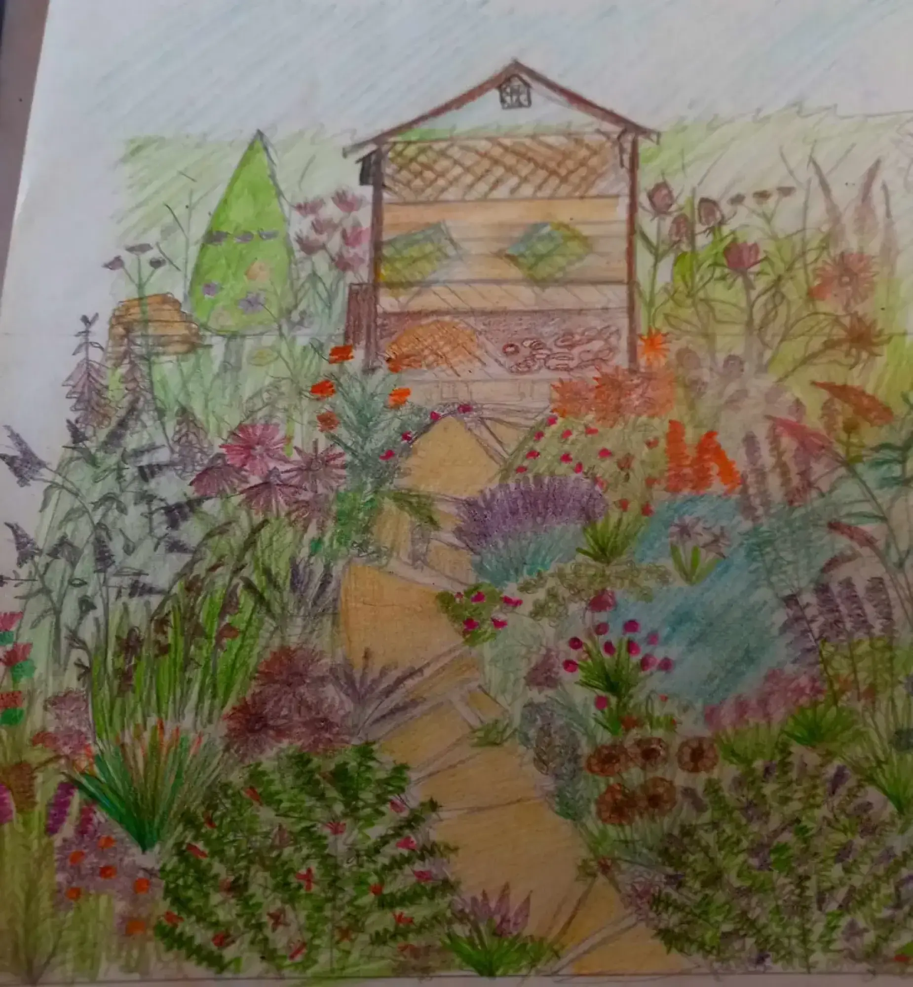 A colourful wildlife garden featuring a prominent bug hotel at the rear, a winding yellow path, and lush borders filled with purple, pink, orange, and red flowers.