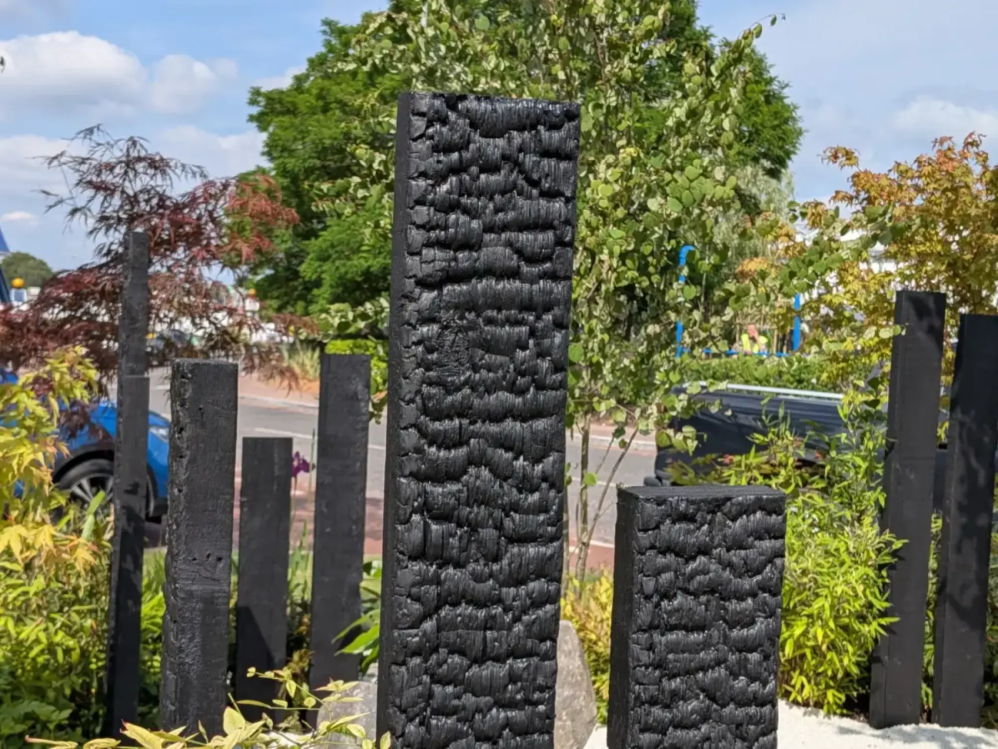 A showcase garden with sculptural dark charred timber posts of varied heights among vibrant green and reddish foliage.