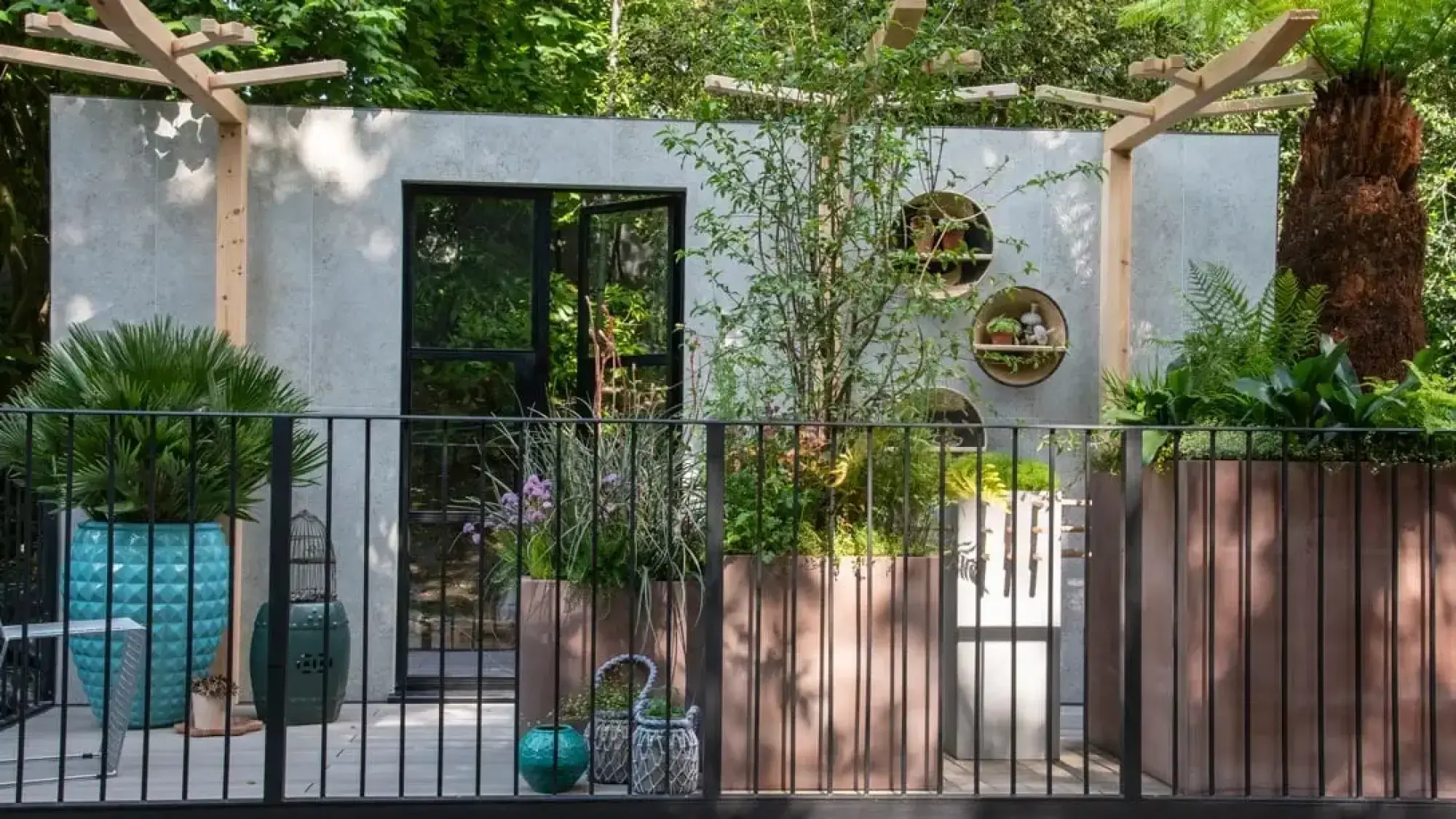 A contemporary balcony garden with a grey wall, black door, circular shelves, bronze planters, lush green plants, and a vibrant turquoise pot.