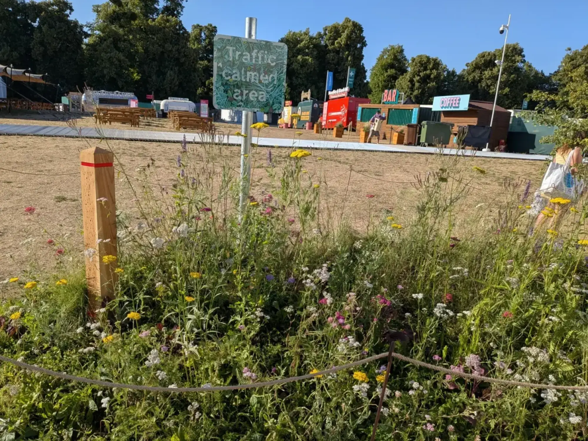 A vibrant pocket garden showcases dense green foliage with yellow, white, pink, and purple wildflowers, enclosed by a rope and wooden post.